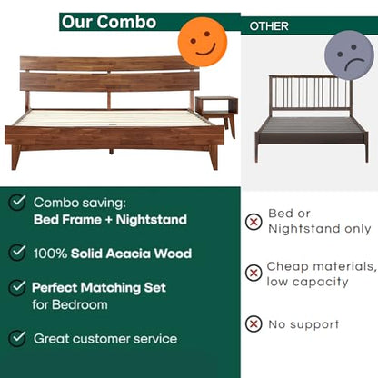 Acacia Aurora King Solid Wood Bed Frame with Headboard – Gift Matching Nightstand Included, Mid-Century Modern Farmhouse, Walnut Finish, 800 lbs Capacity, Sturdy, No Box Spring, Easy Assembly