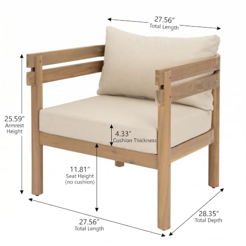 Idda Acacia Wood Lounge Chair Outdoor with Removable Cushion, Solid Wood Patio Accent Chair with Cushion, Patio Furniture Set Sofa Chair, Beige+Light Brown