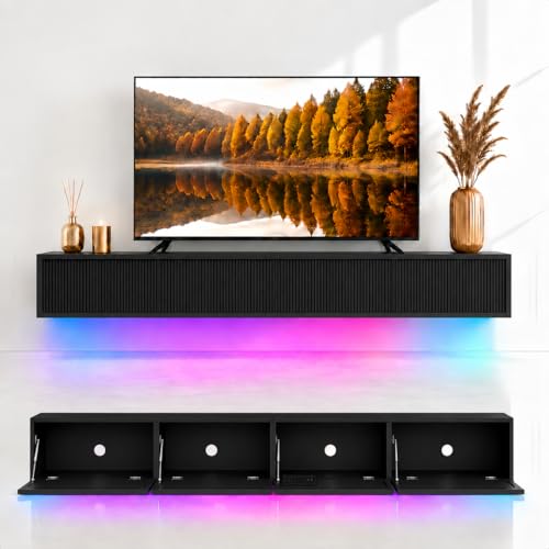 Floating TV Stand 78 Inch Wall Mounted TV Console with Storage Shelves, Modern TV Stand for Living Room Bedroom, Fits 55-90 Inch TV, Wood TV Console Black
