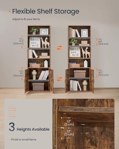 6-Tier Bookshelf with Doors, Tall Bookcase Storage Shelf, Narrow Shelving Unit with Cabinet for Living Room, Home Office, Dining Room, Space Saving, Brown