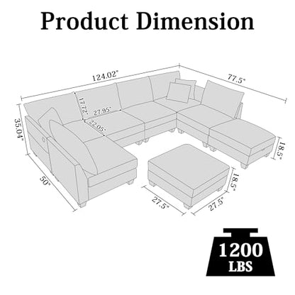 124" Modular Sectional Sofa, Modern Chenille U-Shaped 8 Seater Sectional Sofa with Storage Ottoman & USB Ports, L-Shaped Cloud Couch Orange Sectional Couch for Living Room(Orange)