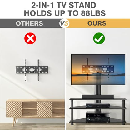 TAVR Swivel Floor TV Stand with Table for 32-70 Inch TVs | Universal Height Adjustable Glass TV Stand with Large Storage Shelves, Strong Corner TV Stand Mount Holds up to 88lbs, Black