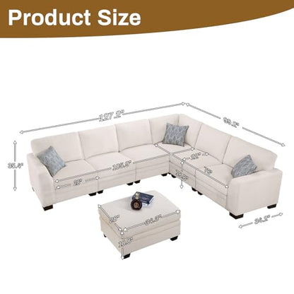 Oversized Modular Sectional Sofa,U/L-Shaped Corduroy Couch with Ottoman,Deep Seat & Removable Cushion,Easy Assembly for Living Room Apartment,7 Seater,Cream