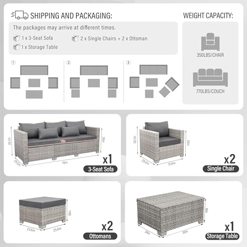 Patio Furniture Set 6 Piece PE Rattan Outdoor Conversation Sets Grey Wicker Couch Sectional Sofa with Storage Coffee Table and Grey Cushion