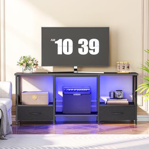 LED TV Stand with Storage, LED Entertainment Center with Open Shelves and Drawer, view 3