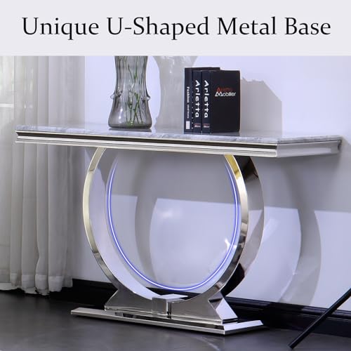 Silver Console Table, 50" Rectangular Sofa Table with Mirrored U-Base, Modern Grey Console Table for Entryway, Living Room, Office, Coffee Bar, Front Hall, Hallway