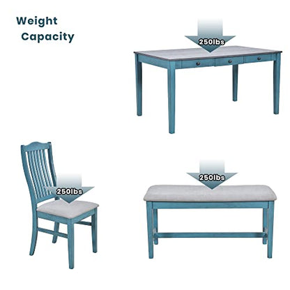 LUMISOL 6-Piece Solid Wood Dining Table Set, Farmhouse Kitchen Table Set with 4 Upholstered Chairs, Bench and Storage Drawers for Kitchen, Dining Room, Living Room, Antique Blue