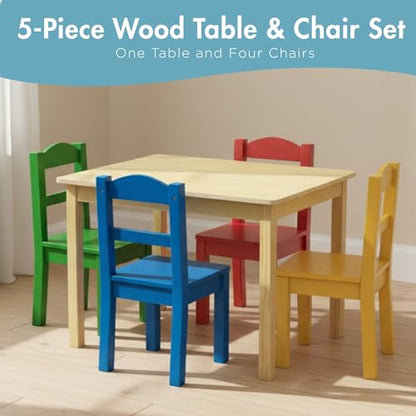 Kids Wooden Table and 4 Chairs Set, Natural/Primary - Kids Table and Chair Set for Toddlers and Children for Arts, Crafts, and Snack Time - Sturdy, Durable Toddler Activity Table