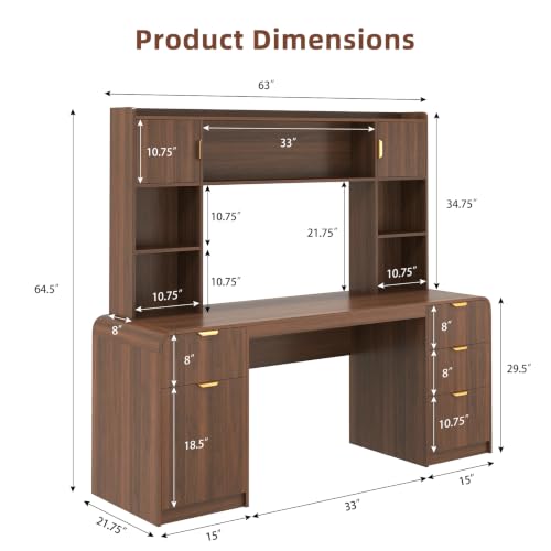 63" Office Desk with Hutch Storage, Computer Desk with 4 Drawers, Walnut, view 3