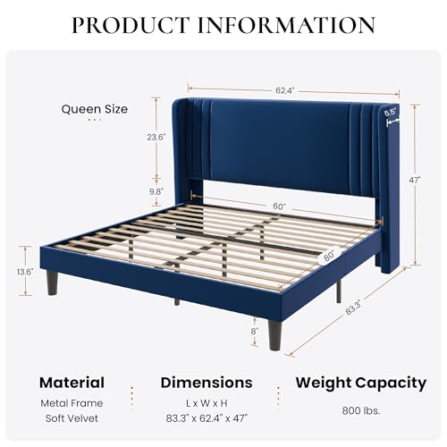 Queen Velvet Upholstered Bed Frame, Wingback Headboard, Blue, view 3
