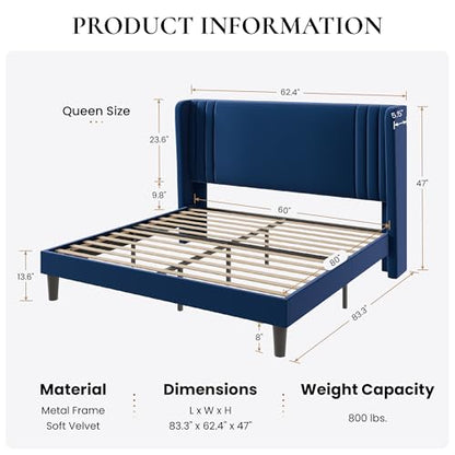 Queen Velvet Upholstered Bed Frame, Wingback Headboard, Blue, view 3