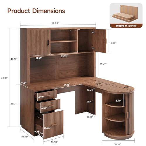 70.87“H L Shaped Executive Desks with Hutch, Study Desk, Walnut, view 3