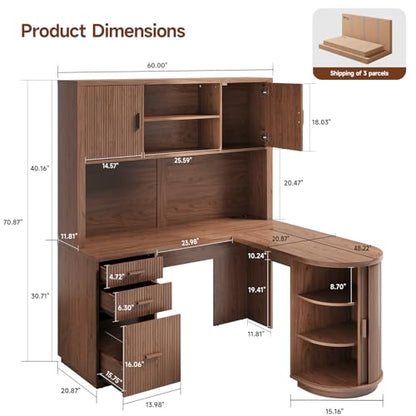 70.87“H L Shaped Executive Desks with Hutch, Study Desk, Walnut, view 3