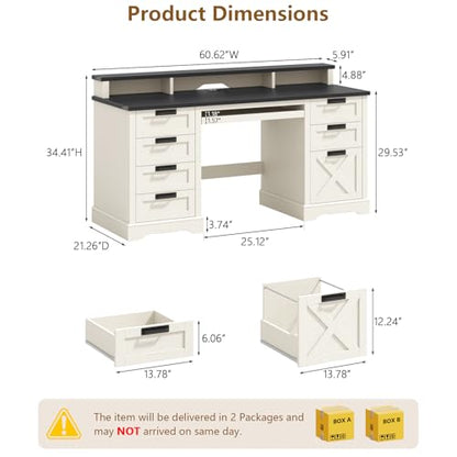 60" Farmhouse Executive Desk with 8 Drawers, Wood Computer Desk with Keyboard Tray and Charging Station, Home Office Desk Writing with File Drawer Fits A4 Size for Work and Study, White and Black