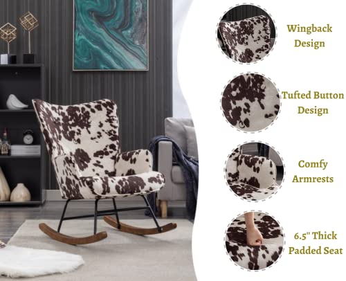 Nursery Rocking Chair Fabric Upholstered Rocker Chair Tufted Wingback Accent Chair with Wooden Base Modern Comfy Lounge Armchair for Bedroom Living Room, Cow