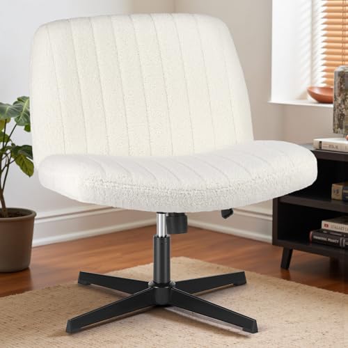 Criss Cross Chairs Armless No Wheels Wide Seat Cross Legged Height Adjustable Swivel Rolling Padded Teddy Fleece Cute Home Office Desk Seating for Bedroom, Study Room, Teddy Beige No Wheel