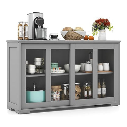 Buffet Sideboard with Storage, 2-Door Floor Cupboard | Sliding Tempered Glass Cabinet & Adjustable Shelf, Stackable Storage Cabinet for Kitchen, Entryway (Gray)