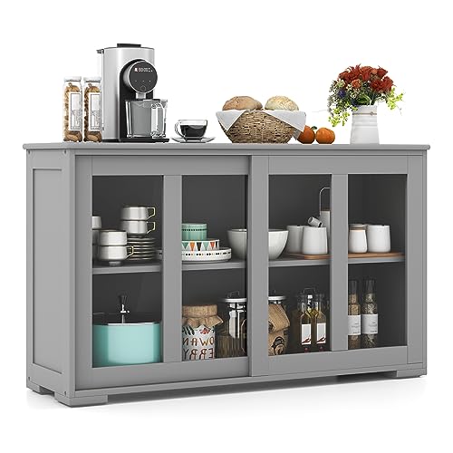 Buffet Sideboard with Storage, 2-Door Floor Cupboard | Sliding Tempered Glass Cabinet & Adjustable Shelf, Stackable Storage Cabinet for Kitchen, Entryway (Gray)