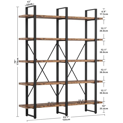 Industrial Bookshelf and Bookcase Double Wide 5 Tier, Large Open Shelves, Wood and Metal Bookshelves for Home Office Furniture, Easy Assembly