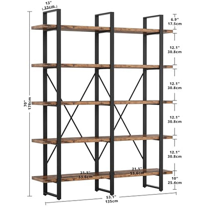 Industrial Bookshelf and Bookcase Double Wide 5 Tier, Large Open Shelves, Wood and Metal Bookshelves for Home Office Furniture, Easy Assembly