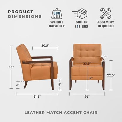 Modern Accent Chair, Luxury Genuine Leather Match Living Room Chair with Tufted Cushions, Solid Wood Frame and Arm Rest, Comfy Upholstered Single Seat for Bedroom/Reading/Office, Orange