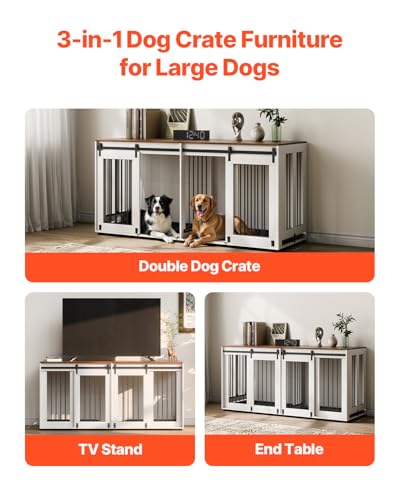 72"Dog Crate Furniture for 2 Dogs,Double Dog Crate Furniture with Double Sliding Doors,Large Dog Crate TV Stand with Removable Tray,Steel Frame Double Dog Crate for Small,Medium,Large Dogs White