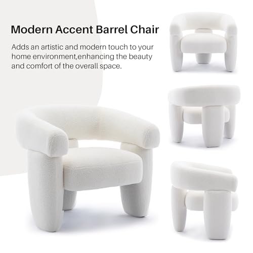 Mid Century Modern Accent Barrel Chair Comfy Upholstered Round Armchair with Montage Design, Sherpa Boucle Lounge Chair for Living Room Bedroom Apartment, Cream White