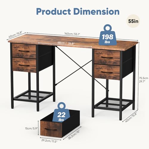 Computer Desk with Drawers, 55 Inch Home Office Bedroom Table with 4 Fabric Drawers & 2 Mesh Storage Shelves, Wood Table with X-Shaped Structure for Writing Study PC Desk, Brown