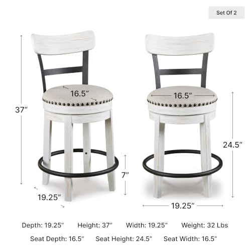Signature Design by Ashley Valebeck Barstool, Rustic-Industrial Counter Height Chair, 360° Swivel, Wood & Metal Frame, Cushioned Seat, Ideal for Kitchen Island with Seating, Vintage White