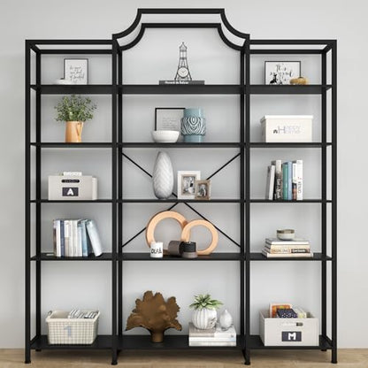 Triple Wide 5-Tier Bookshelf, 70.87" L x 79.13" H Extra Large Bookcase, Tall Open Etagere Display Shelf with Metal Frame, Freestanding Modern Storage Shelves for Home Office (Black)
