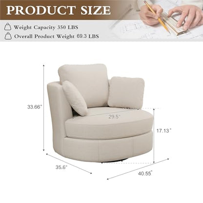 40.6" Oversized Swivel Accent Chair, Upholstered Round Barrel Chair with Pillows Swivel Chairs for Living Room Bedroom,Chenille,Beige