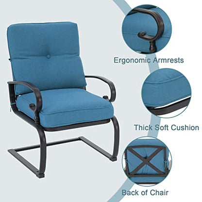 Outdoor Furniture 3Pcs Patio Bistro Set, Springs Motion Chairs and Bistro Round Table Set, Metal Small Patio Conversation Set with Cushions (Peacock Blue)