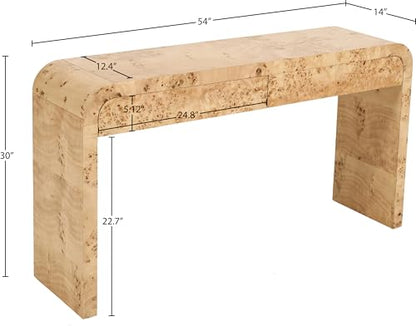 Meridian Furniture 269-S Cresthill Collection Mid-Century Modern Console Table with Ash Burl Wood, Natural Ash Finish, Curved Art Deco Design, 54" W x 14" D x 30" H, Natural