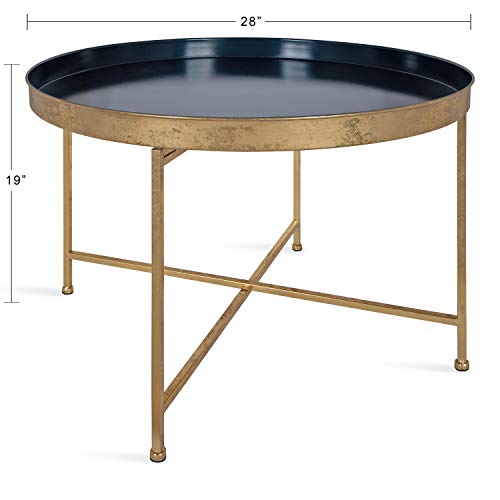 Celia Modern Glam Round Coffee Table, 28.25" x 28.25" x 19", Navy Blue and Gold Leaf, Chic Sophisticated Accent Table