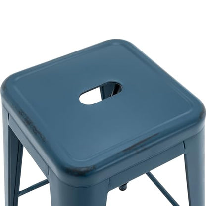 24 Inch Metal Bar Stools, Backless Counter Height Barstools, Indoor Outdoor Stackable Stools with Square Seat, Set of 2 (Distressed Deep Blue)