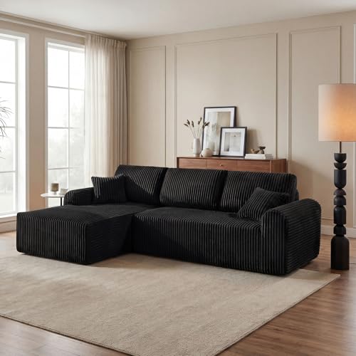 104 Inch Cloud Sectional Couch with L-Shape Chaise,Modern Upholstered Couches with Deep Seat,Corduroy Sponge Compressed Sofa for Living Room,No Assembly Required (Black)