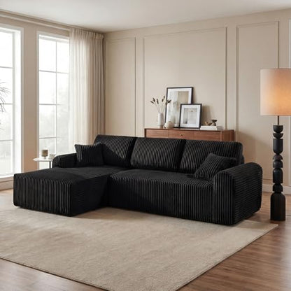 104 Inch Cloud Sectional Couch with L-Shape Chaise,Modern Upholstered Couches with Deep Seat,Corduroy Sponge Compressed Sofa for Living Room,No Assembly Required (Black)