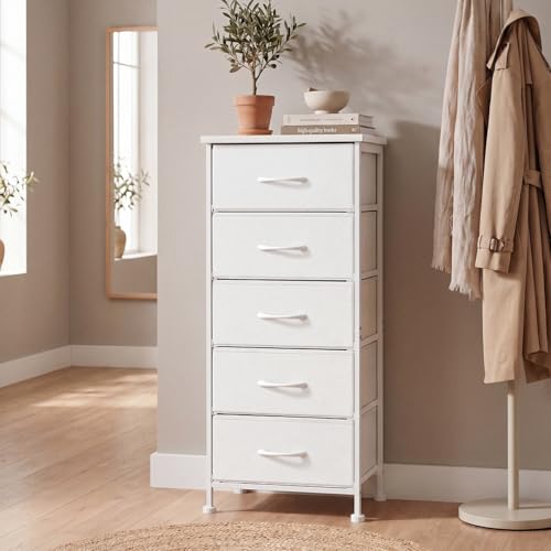 Tall Skinny Dresser with 5 Fabric Drawers, Narrow Dresser, White, 33.8in height, view 6