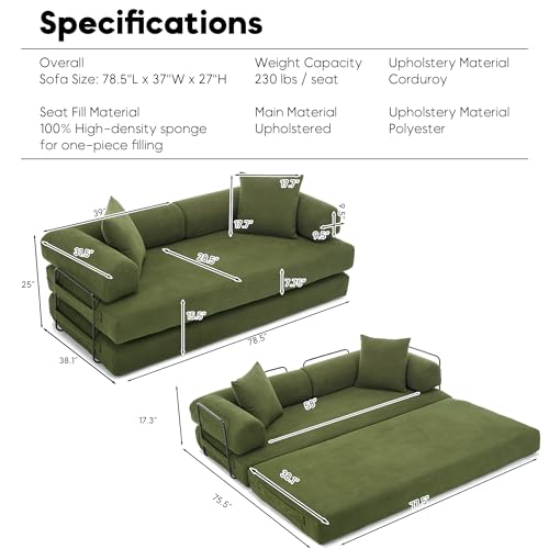 Convertible Sleeper Sofa Bed with Cylindrical Pillow, Corduroy Folding Mattress Couch with Fixed-Shape Frame, Floor Sofa Lounge Couch for Living Room Bedroom Lounge Studio-Green