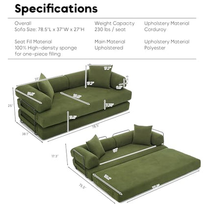 Convertible Sleeper Sofa Bed with Cylindrical Pillow, Corduroy Folding Mattress Couch with Fixed-Shape Frame, Floor Sofa Lounge Couch for Living Room Bedroom Lounge Studio-Green