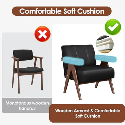 Mid Century Modern Accent Chair Set of 2, Black Leather Office Reading Accent Chairs, Small Comfy Side Arm Chairs for Living Room Bedroom, Wood Arms (2, Black)