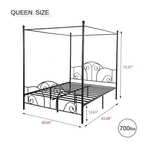Queen Size Four-Poster Metal Canopy Bed Frame, Black, view 3