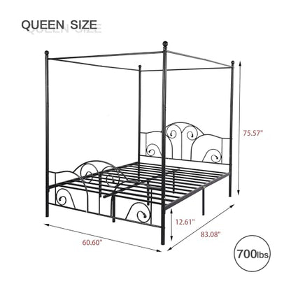 Queen Size Four-Poster Metal Canopy Bed Frame, Black, view 3