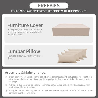 9 Pieces Outdoor Sectional All-Weather Wicker Patio Furniture Set Patio Sectional Glass Patio Table Non-Slip Cushions and Waterproof Covers, Khaki