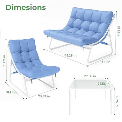 Patio Furniture Set, 4-Piece Outdoor Patio Conversation Set, 2-in-1 Metal Patio Sofa Sets with Cushions & Glass Coffee Tablefor Backyard, Garden, Porch, Poolside, White & Blue