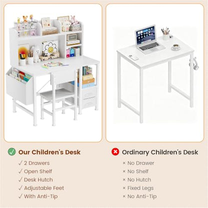 Kids Desk and Chair Set with Hutch, Study Desk with Storage, White, view 6