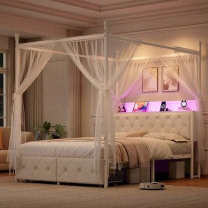 Queen Size Canopy Bed Frame with Charging Station and LED Lights, view 2
