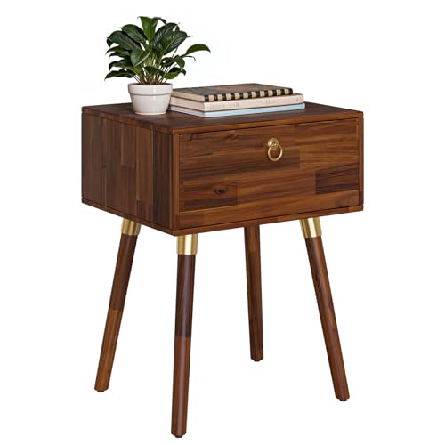 Alden Solid Wood Nightstand/Side Table/End Table, Fully Assembled, with 1-Drawer for Mid Century Bedroom and Living Room, (12mm), Dark Chocolate