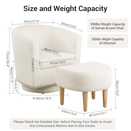 White Swivel Accent Chair with Ottoman, Modern Barrel Living Room Chair with 360° Swivel Base, Upholstered Armchair for Bedroom, Reading, Small Spaces