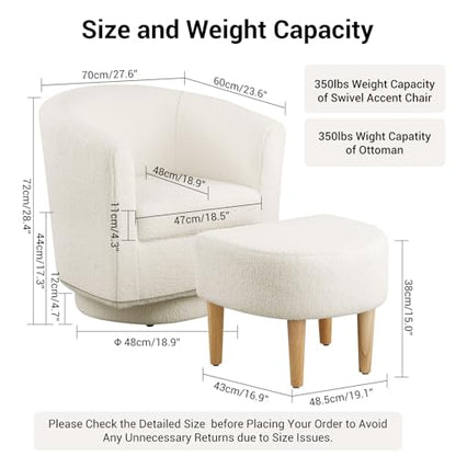 White Swivel Accent Chair with Ottoman, Modern Barrel Living Room Chair with 360° Swivel Base, Upholstered Armchair for Bedroom, Reading, Small Spaces